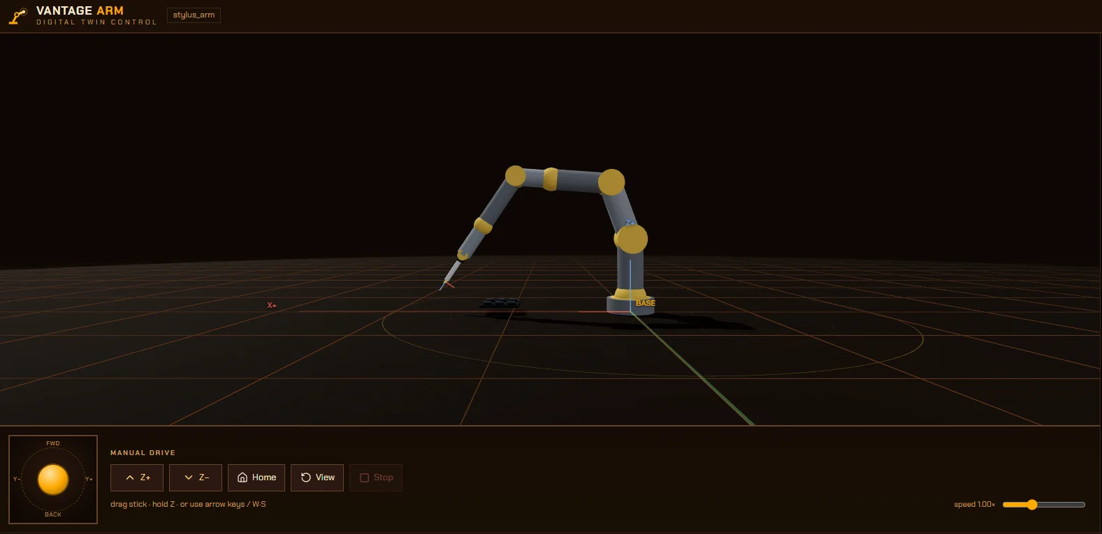 Side view of the arm, keypad, reach envelope, and manual controls
