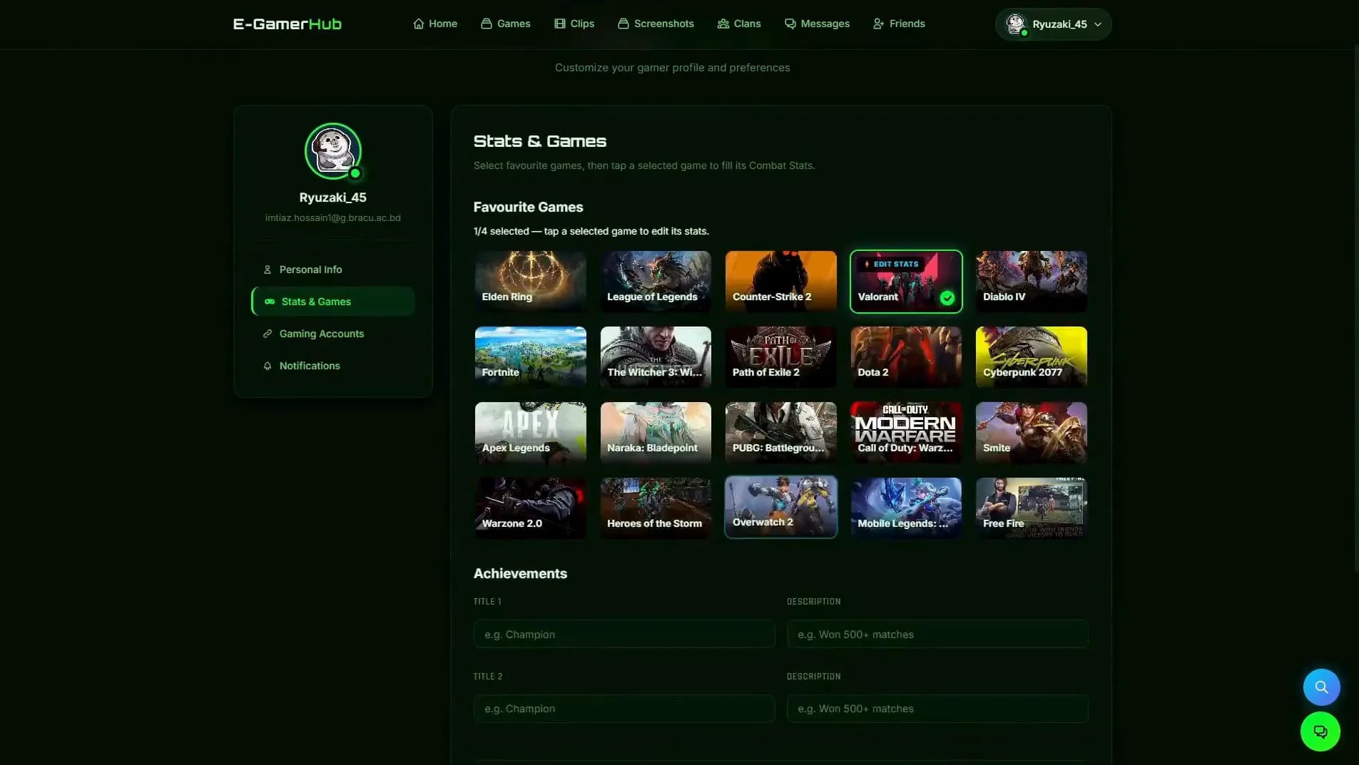 Gamer profile with dynamic stat bars and win-rate charts
