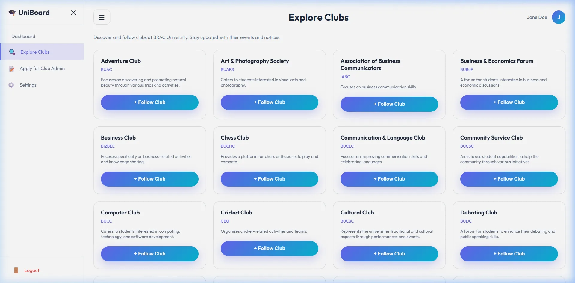 Exploring clubs and their upcoming activities